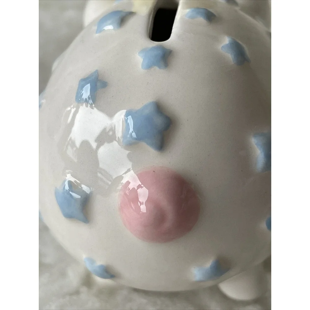 MUD PIE BABY LITTLE PIG PRINCE COIN BANK Blue White Pink With Yellow Crown!